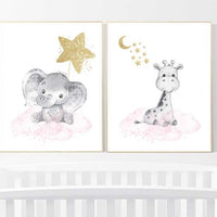 Animal nursery for girls, pink and gold, Nursery decor girl elephant, animal nursery, giraffe baby room, pink gold, moon and stars