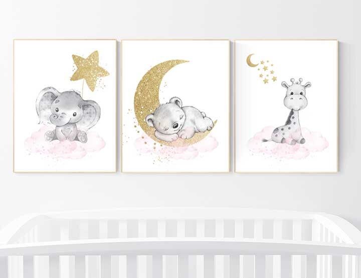 Animal prints for girls, pink and gold, Nursery decor girl elephant, animal nursery, giraffe baby room, pink gold, moon and stars, wall art