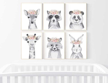 Nursery decor girl animal, woodland animals, floral nursery, black and white, nursery prints animals, nursery wall art girl animal, woodland