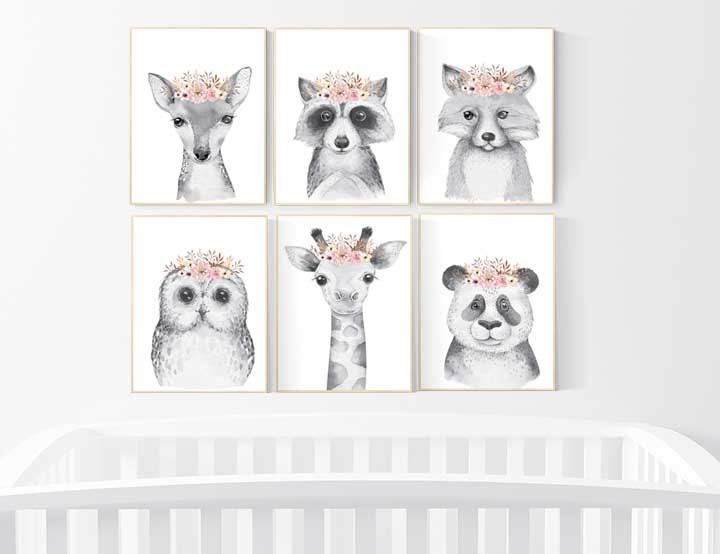 Nursery decor girl, floral nursery, Woodland nursery, woodland animals nursery, flower nursery, nursery decor girl boho, nursery wall art