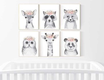 Nursery decor girl, floral nursery, Woodland nursery, woodland animals nursery, flower nursery, nursery decor girl boho, nursery wall art