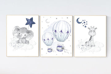 Nursery decor elephant and giraffe, animal nursery prints, navy nursery, navy blue nursery, baby room wall art, woodland animal prints
