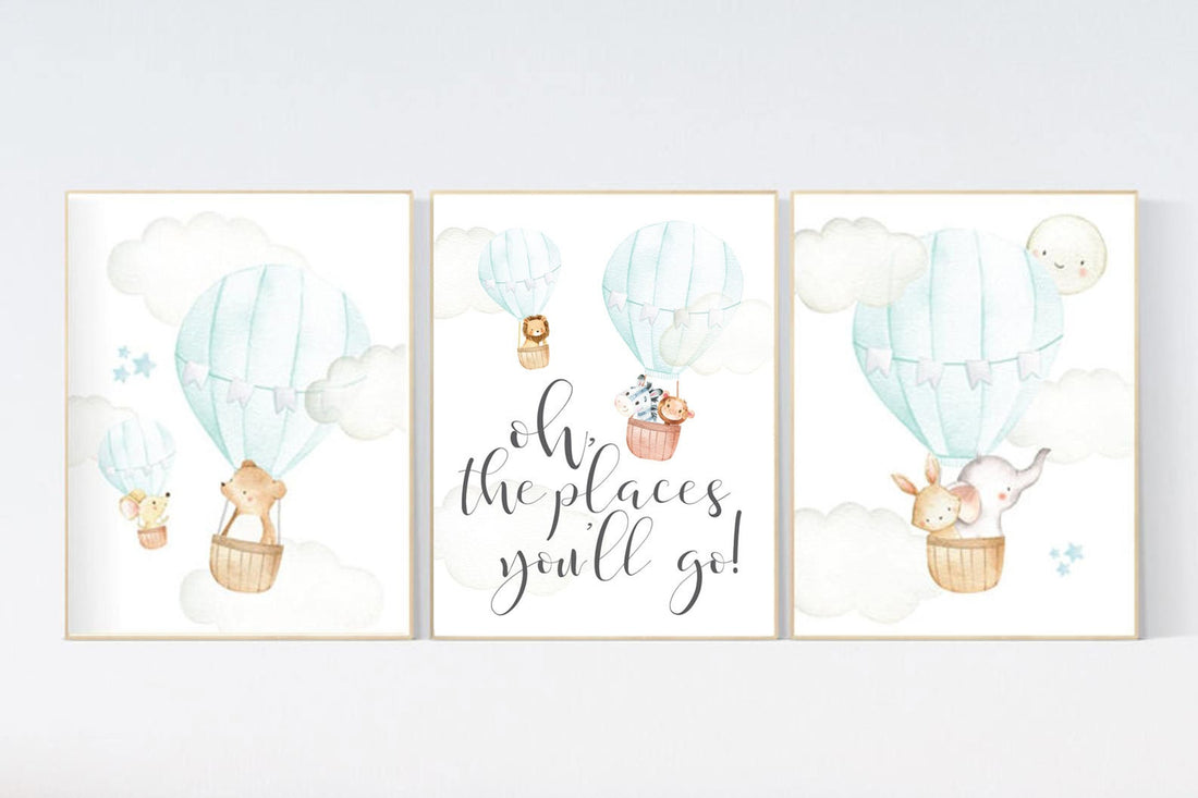 Nursery decor animals, nursery wall art mint green, Hot air balloon nursery, elephant, giraffe, bear, bunny, woodland animals, aqua, mint