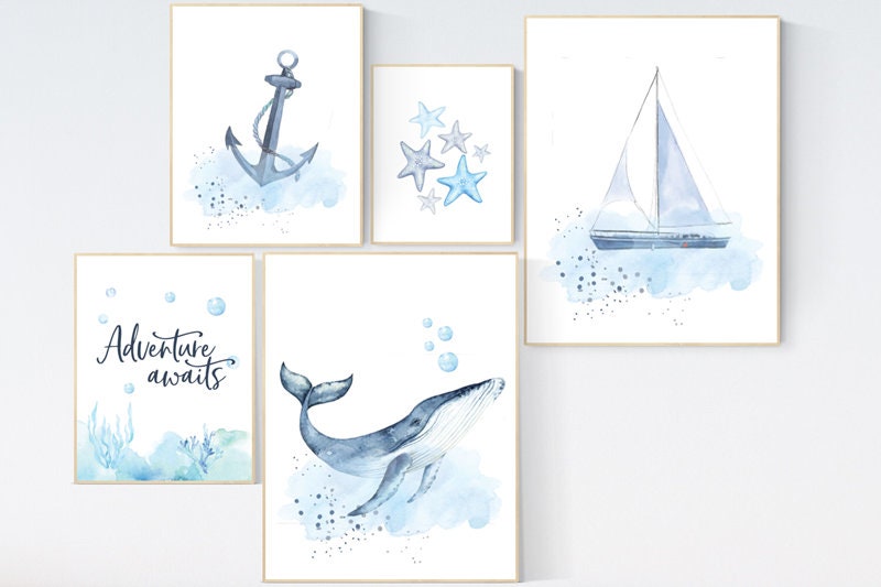Nursery decor boy nautical, whale print nursery, nautical wall decor nursery, sea nursery decor, nautical prints set, sea themed nursery
