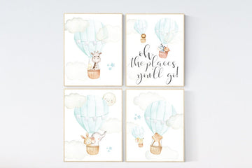 Mint nursery wall art, oh the places you'll go, gender neutral, mint nursery art, nursery prints animals, aqua, mint green, twins