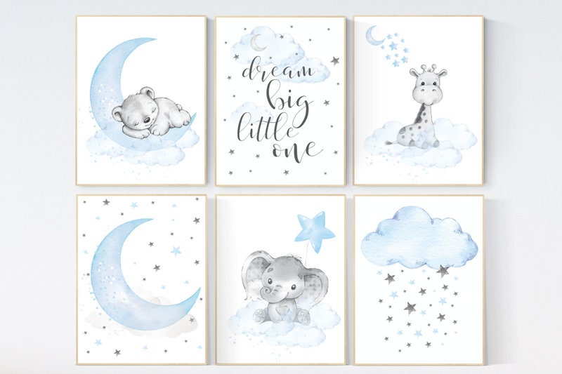 Baby boy nursery art, giraffe print nursery, Animal nursery prints, bear decor for nursery, blue grey elephant baby shower nursery decor boy