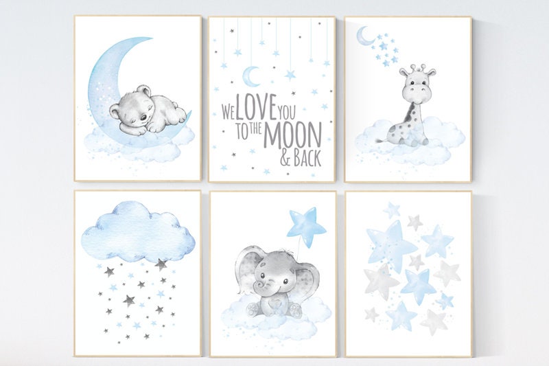 Nursery decor boy elephant, we love you to the moon and back, Blue and gray, moon and stars. nursery wall art boy elephant, baby blue, stars