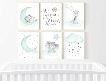 Nursery wall art gender neutral, nursery decor neutral, mint green, bear, giraffe, elephant, twin nursery, animal prints, mint green