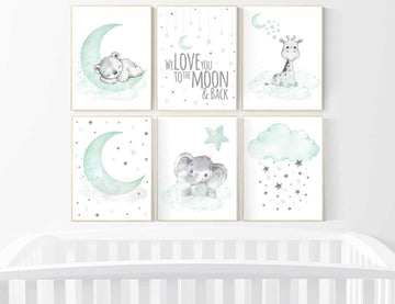 Nursery wall art gender neutral, nursery decor neutral, mint green, bear, giraffe, elephant, twin nursery, animal prints, mint green