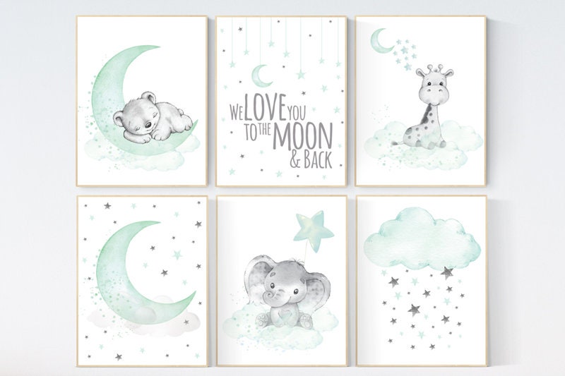 Nursery wall art gender neutral, nursery decor neutral, mint green, bear, giraffe, elephant, twin nursery, animal prints, mint green