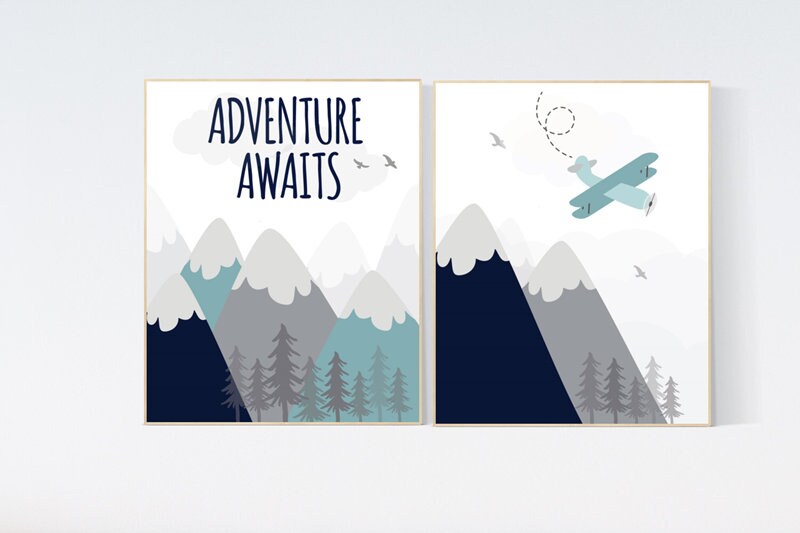 Adventure Awaits, nursery decor boy adventure, nursery decor mountain, baby room, plane nursery, boy nursery wall art, adventure nursery