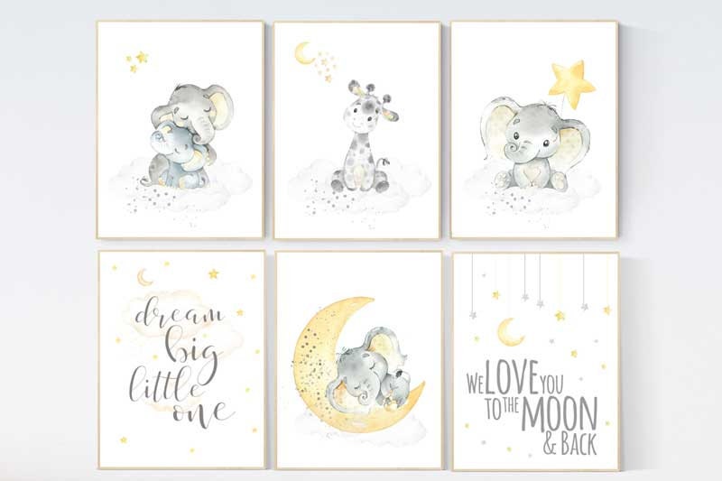 Yellow gray, yellow grey, gender neutral nursery wall art, giraffe, nursery decor elephant, gender neutral nursery ideas, twin nursery