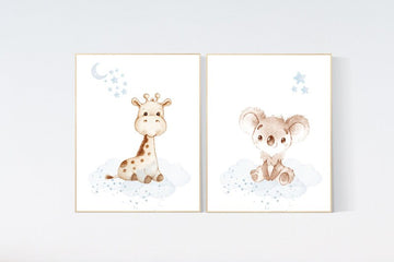 Nursery decor boy koala and giraffe, Animal nursery for boys, blue gray, baby room wall art, nursery wall art animals, boys room prints
