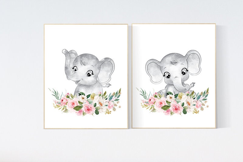 Floral nursery, elephant nursery wall art, Nursery decor girl boho, nursery decor girl flowers, woodland animals, boho nursery, elephants