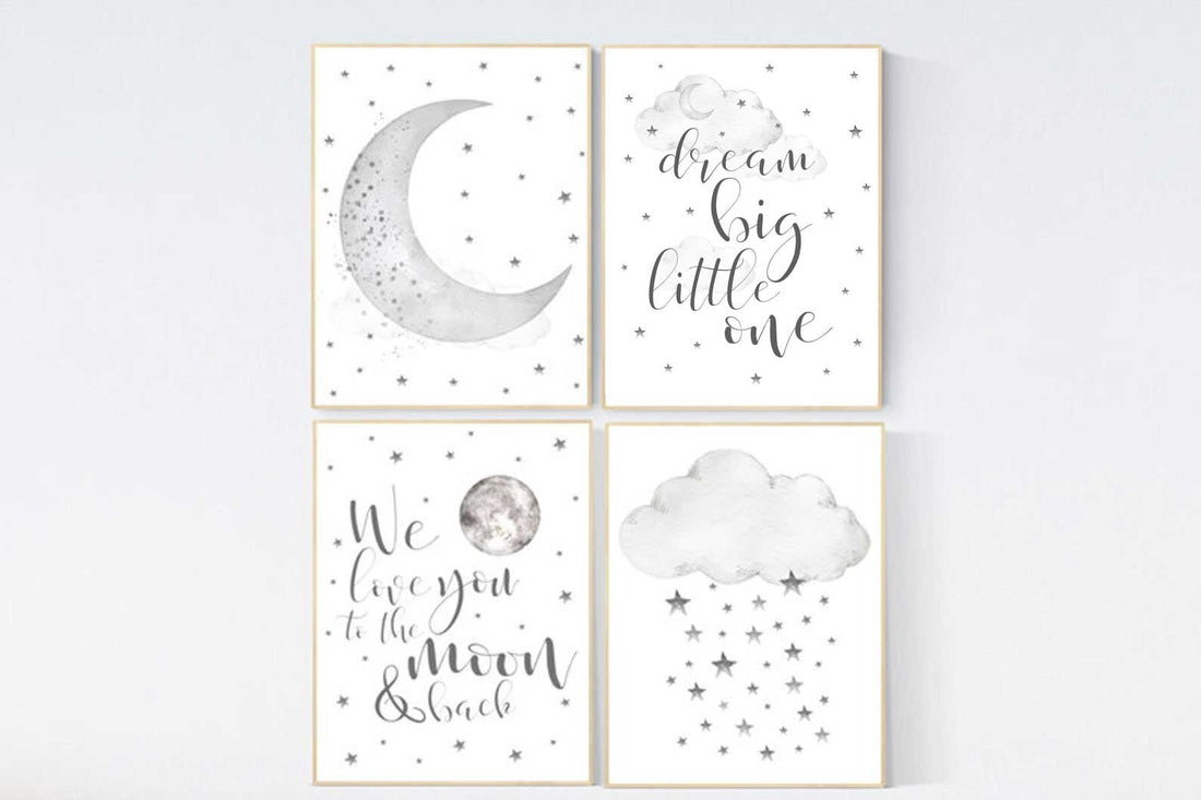 Nursery wall art grey, gray nursery, nursery decor neutral, baby room decor gender neutral, moon and stars, grey nursery decor baby room art