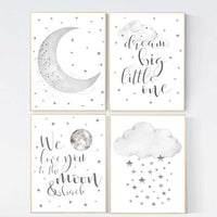 Nursery wall art grey, gray nursery, nursery decor neutral, baby room decor gender neutral, moon and stars, grey nursery decor baby room art