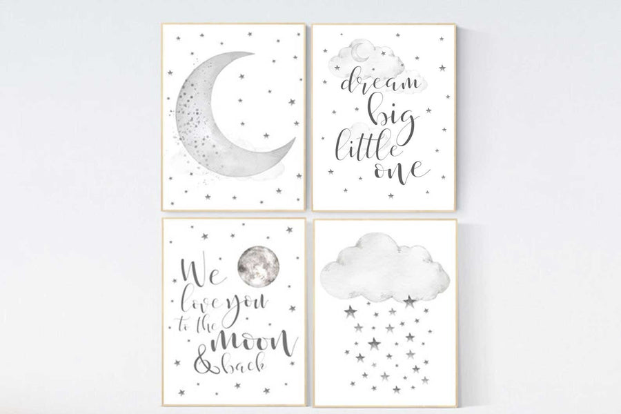 Nursery wall art grey, gray nursery, nursery decor neutral, baby room decor gender neutral, moon and stars, grey nursery decor baby room art