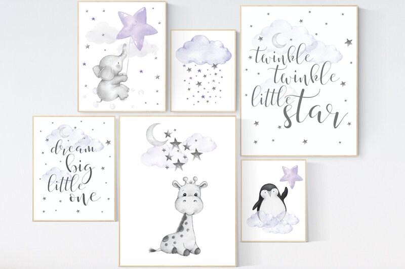Nursery wall art purple, elephant, rainbow, nursery decor, giraffe nursery print, nurser decor girl, lilac lavender, moon and back, girl