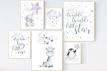 Nursery wall art purple, elephant, rainbow, nursery decor, giraffe nursery print, nurser decor girl, lilac lavender, moon and back, girl