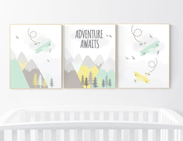 Adventure nursery decor, nursery decor airplane, world map nursery, adventure awaits, yellow mint nursery, travel theme, gender neutral