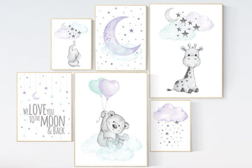Purple mint nursery wall art, Nursery decor girl purple, Bear Elephant, giraffe, nurser decor girl, lilac nursery print, lavender, lilac