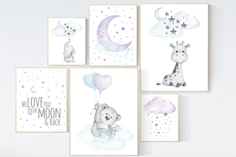 Purple mint nursery wall art, Nursery decor girl purple, Bear Elephant, giraffe, nurser decor girl, lilac nursery print, lavender, lilac