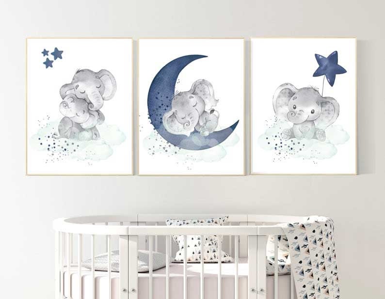 Elephant nursery, Navy and mint nursery decor, navy mint nursery art, baby room wall art, boy nursery decor, set of 3, nursery prints boy