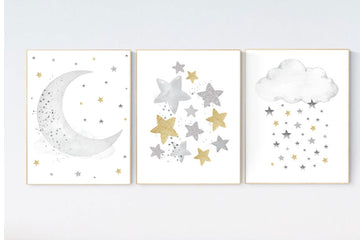 Nursery wall art gold, gold gray nursery, nursery decor neutral, moon and stars, baby room, gold silver nursery, moon and stars