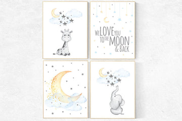 Nursery decor elephant, we love you to the moon and back, elephant balloon, gender neutral, nursery wall art, baby room, giraffe nursery art