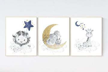 Lion, elephant and giraffe, Navy gold nursery decor, moon and stars, navy gold nursery art. baby room wall art, boy nursery decor, set of 3