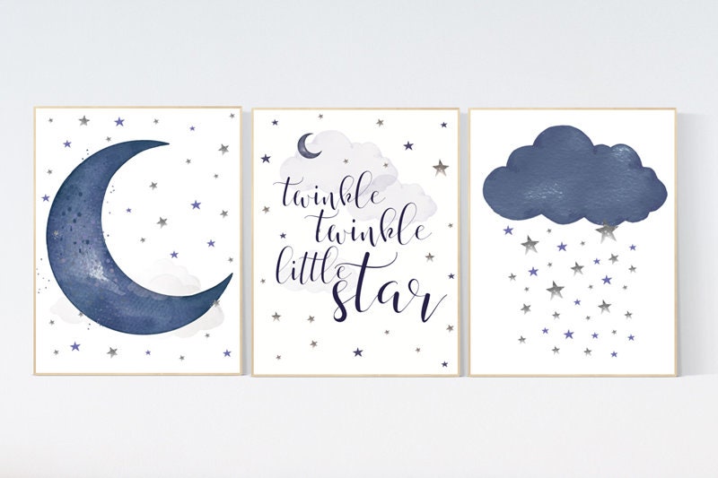 Nursery decor boy, navy nursery decor, moon and stars, twinkle twinkle little star, navy blue nursery art, baby boy nursery art, navy blue