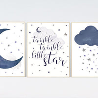 Nursery decor boy, navy nursery decor, moon and stars, twinkle twinkle little star, navy blue nursery art, baby boy nursery art, navy blue