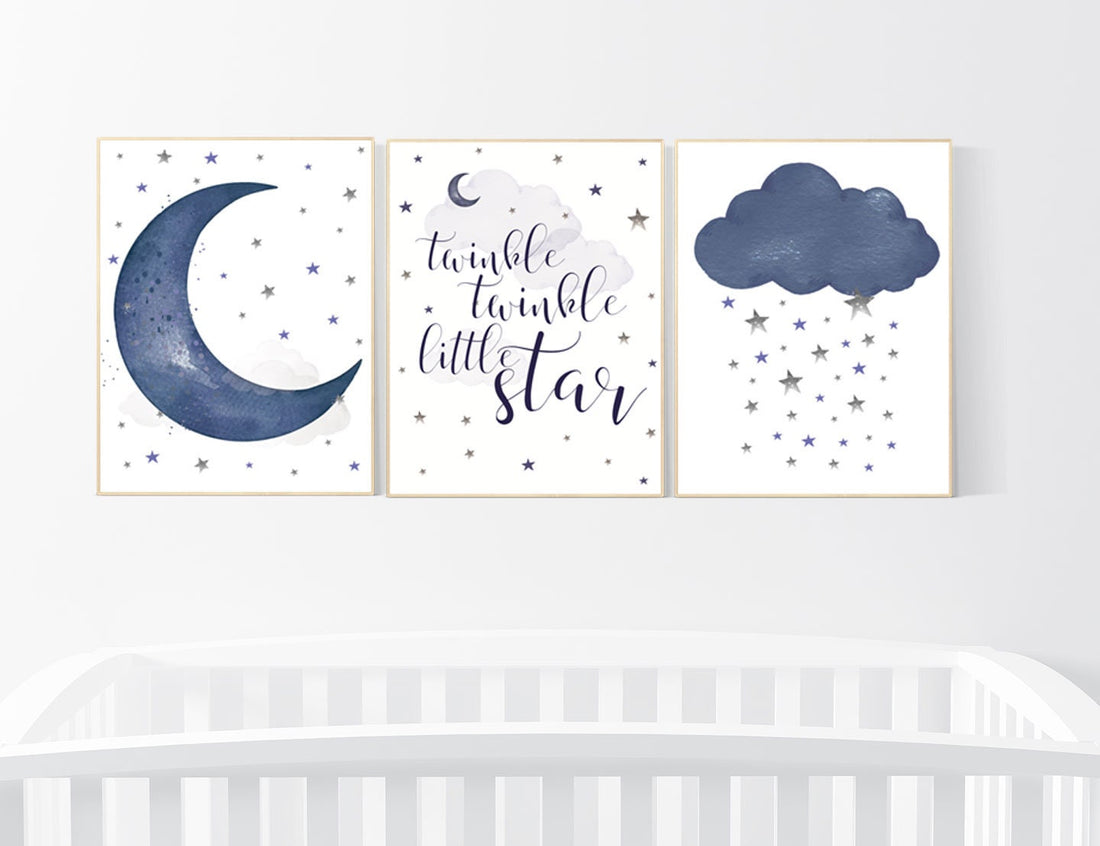 Nursery decor boy, navy nursery decor, moon and stars, twinkle twinkle little star, navy blue nursery art, baby boy nursery art, navy blue