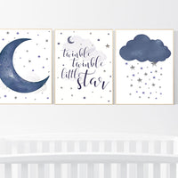 Nursery decor boy, navy nursery decor, moon and stars, twinkle twinkle little star, navy blue nursery art, baby boy nursery art, navy blue