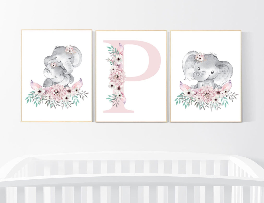 Nursery decor girl boho, elephant nursery wall art, nursery decor girl floral, nursery decor girl woodland, floral nursery, boho nursery