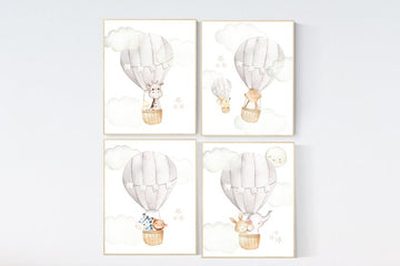 Nursery decor neutral, gender neutral nursery, gray nursery, hot air balloon nursery, beige nursery, animal prints for nursery, animal art