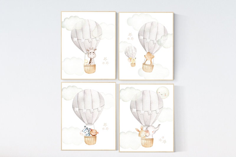 Nursery decor neutral, gender neutral nursery, gray nursery, hot air balloon nursery, beige nursery, animal prints for nursery, animal art