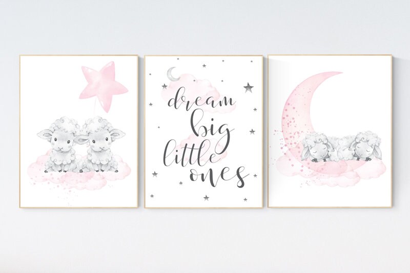 Elephant nursery art, twin nursery decor, elephant nursery print, twin nursery art, moon and stars, pink nursery, twin babies, pink grey