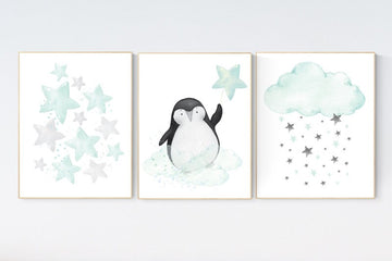 Mint nursery decor, nursery decor penguin, dream big little one, nursery decor neutral, nursery decor boy teal, cloud and star nursery