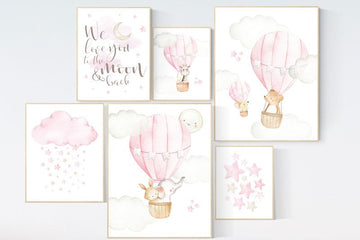 Nursery decor girl woodland, hot air balloon nursery animal, girl nursery wall decor, animal prints for nursery, nursery set for girls