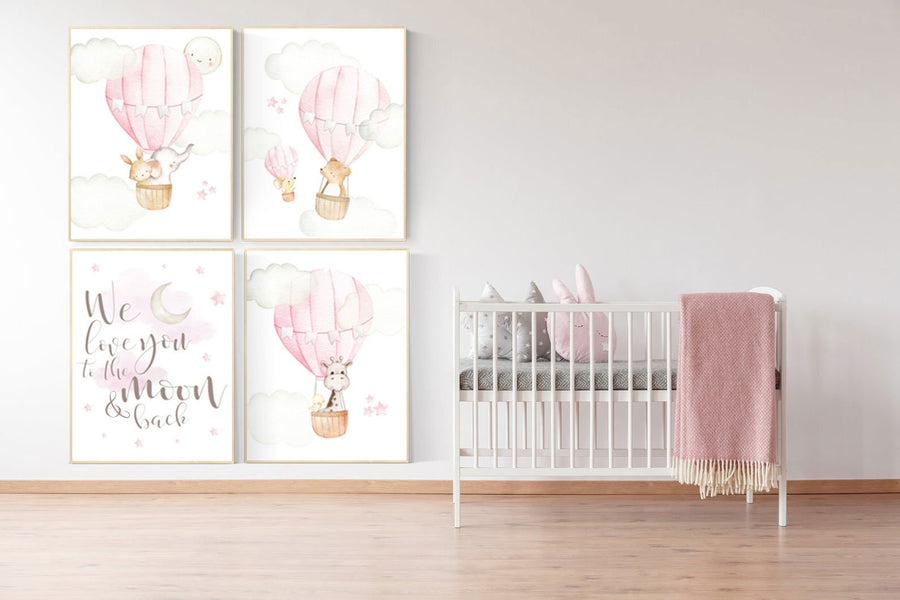 Baby girl nursery, we love you to the moon and back, woodland nursery, hot air balloon, animal, baby room decor girl, giraffe , bear, bunny