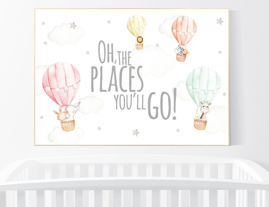 Hot air balloon nursery, gender neutral, safari animals, animal prints for nursery, twin nursery, unisex, oh the places you&