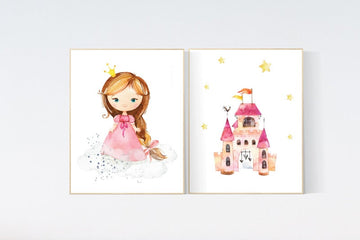 Princess nursery wall art, princess room decor for girls, baby girl nursery prints, girl room wall prints, girls room wall decor, pink