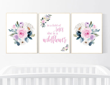 Purple pink flower nursery decor, Nursery decor girl pink purple, in a field of roses she is a wildflower, lavender nursery, lilac nursery