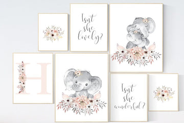 Nursery decor girl boho, elephant nursery wall art, nursery decor girl floral, nursery decor girl woodland, floral nursery, boho nursery
