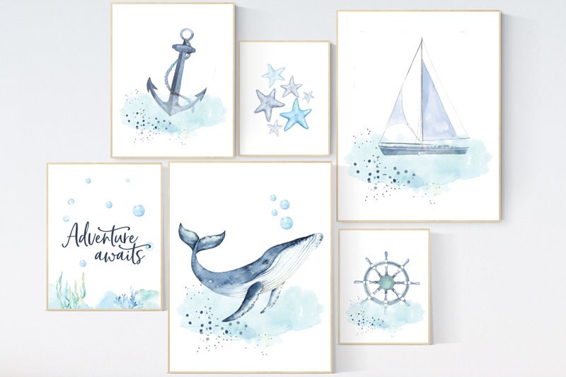 Nursery decor boy nautical, whale print nursery, nautical wall decor nursery, sea nursery decor, nautical prints set, sea themed nursery