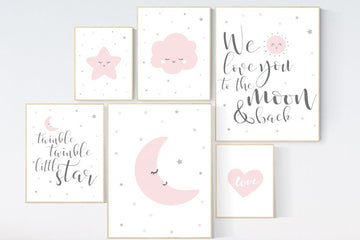 Nursery wall art girl elephant, pink grey, nursery decor girl pink, we love you to the moon and back, moon and stars, baby room decor girl