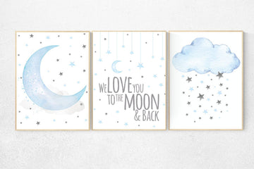 Blue and gray, Nursery decor boy, nursery decor, boys room decor, we love you to the moon and back , clouds and stars, blue grey nursery