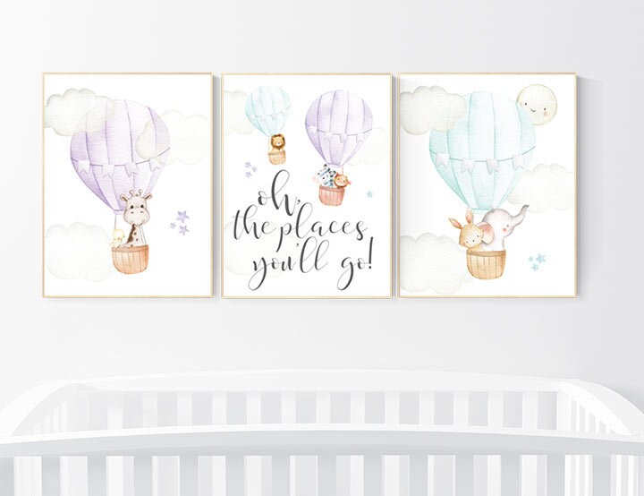 Nursery decor girl woodland, hot air balloon nursery purple and mint, hot air balloon nursery animal, lilac, elephant, giraffe, bear, bunny