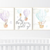 Nursery decor girl woodland, hot air balloon nursery purple and mint, hot air balloon nursery animal, lilac, elephant, giraffe, bear, bunny